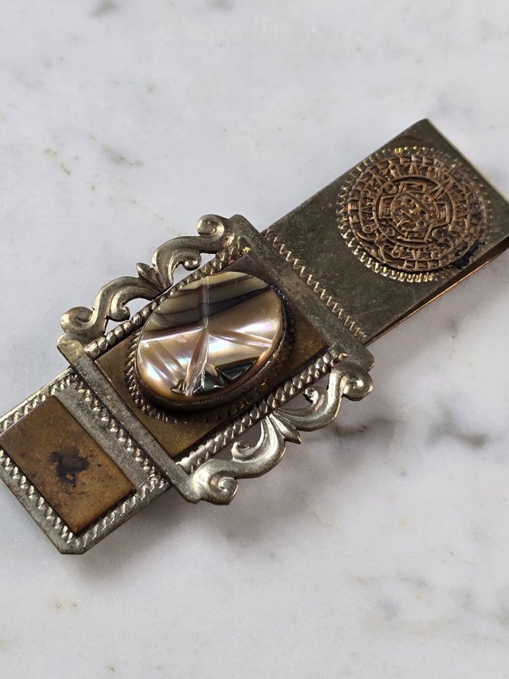 Vintage Estate Sterling Silver Incan Mayan Abalone Money Clip 19.6g E1186
